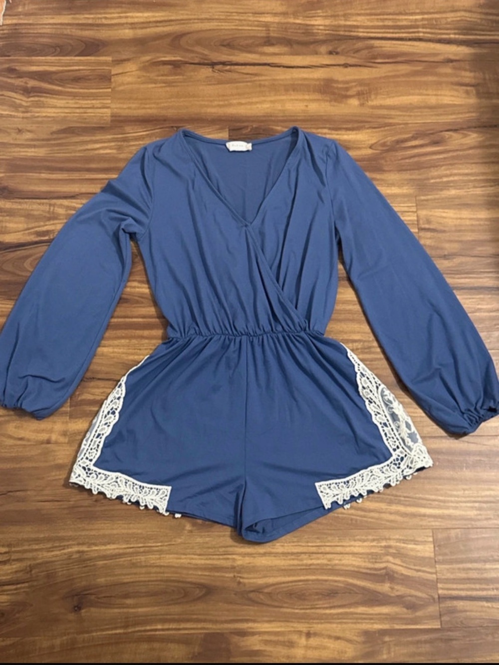 Altar'd State Dusty Blue Lace-Trim Long-Sleeve Romper